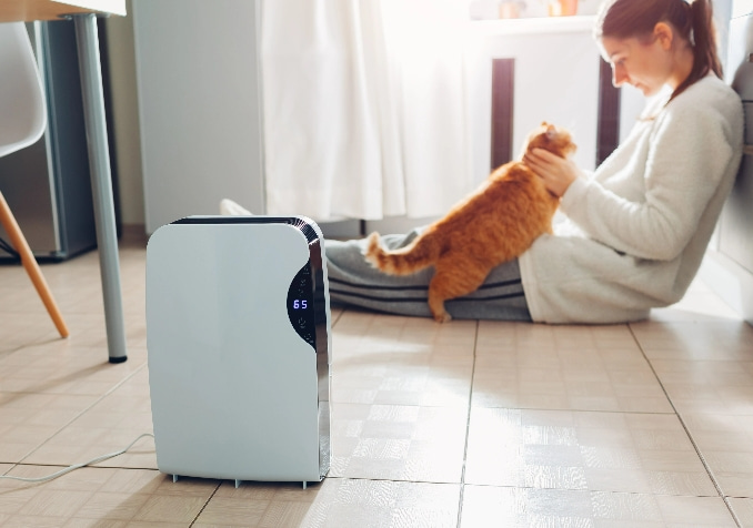 Woman and Cat with Air Purifier
