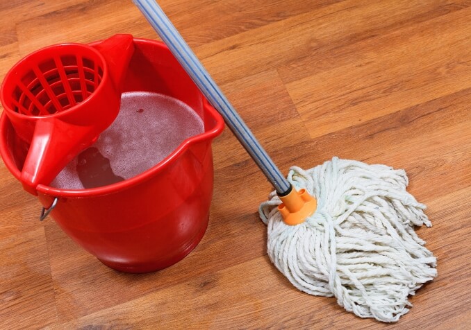 Bucket of Water on Wood Floors