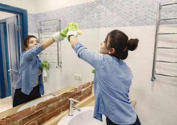 Woman wiping bathroom mirror