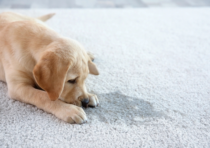 Pupply Looking Guilty next to urine in Carpet