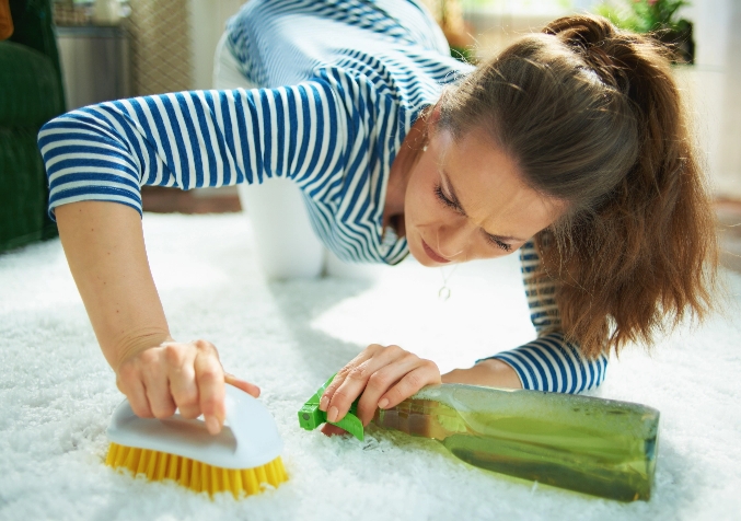 Woman on Hands and Knees Treating Carpet Stains