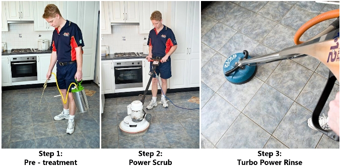 Three Image panel showing steps by steps cleaning of tiles