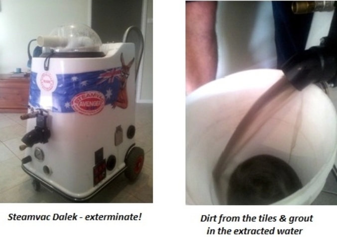1st Panel Steam Vacuum dalek 2nd panel muddy water flowing to a pail