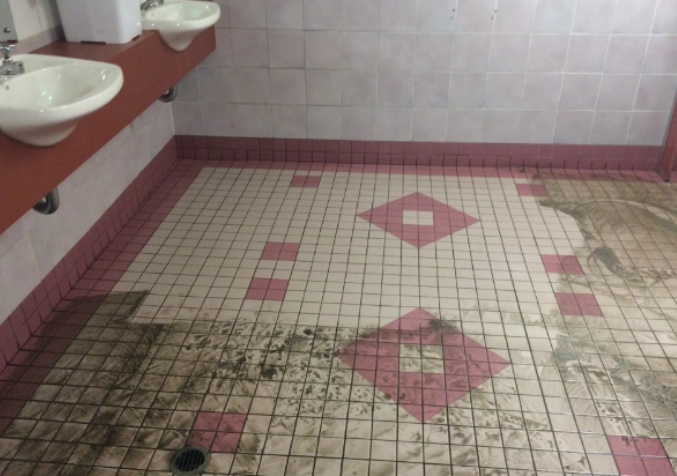 Before and After Image Panel of Dirty to Clean Public Bathroom