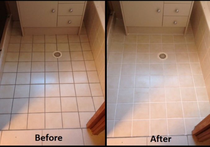 Before and after image panel of dirty to clean bathroom grout