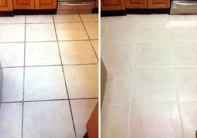Before and after image panel of dirty to clean kitchen grout