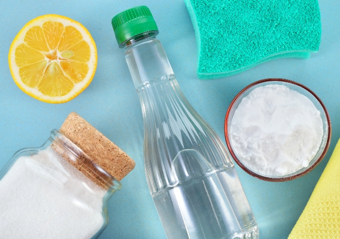 Items placed in a surface include sliced lemon sponge plastic bottle glass bottle baking soda