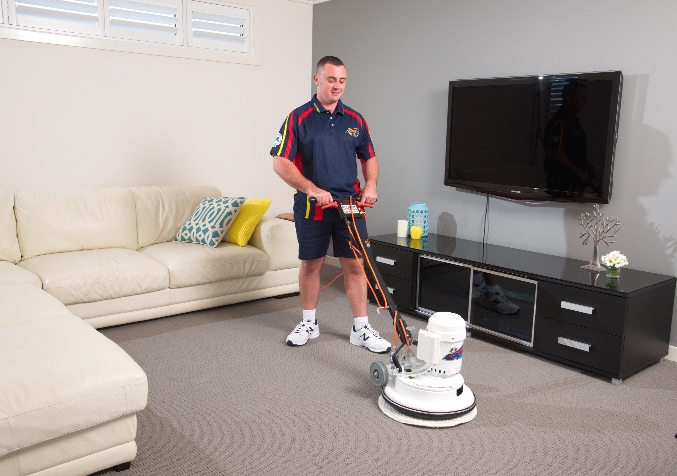 Electrodry Technician Buffing Carpet in the Living Room