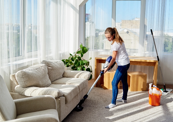 woman vaccuming carpet of living room
