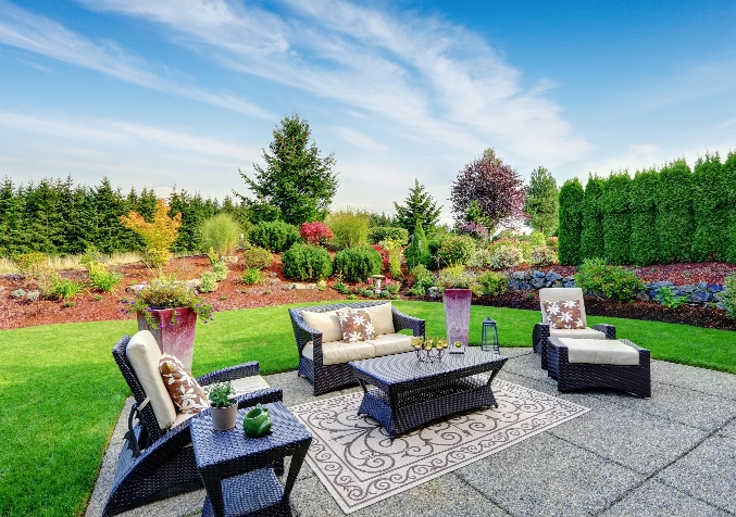 Patio in a landscaped garden