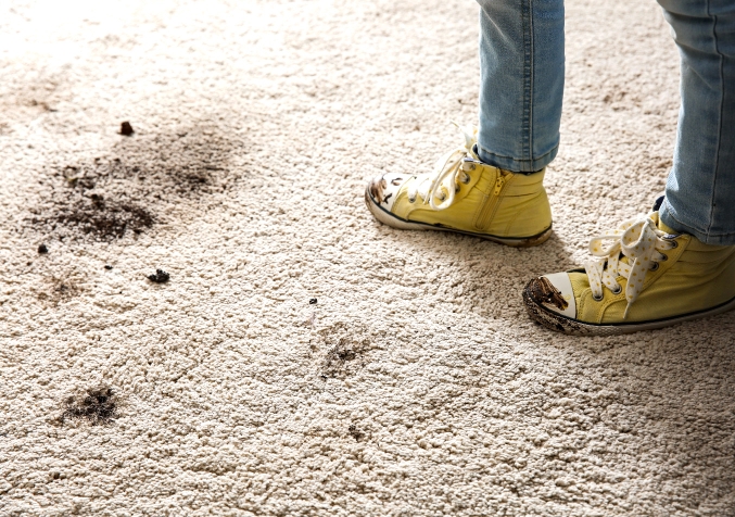Man Standing on a Muddy Carpet and Shoes