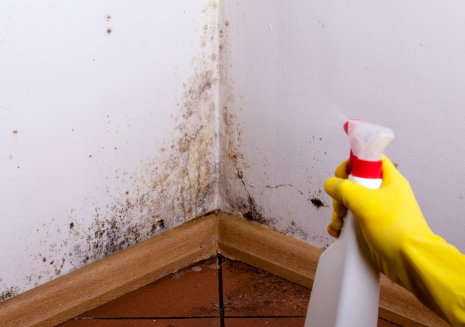 Hand Holding Bleach Spraying on wall with Moulds